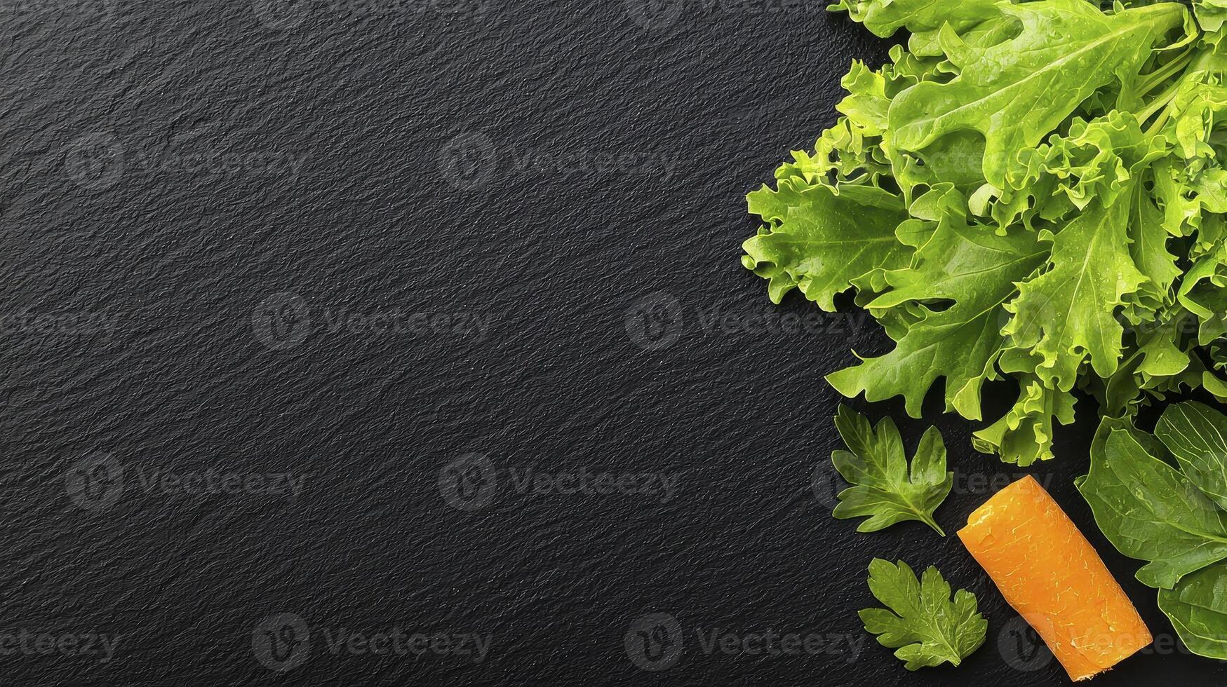 Captivating Still Life A Composition of Fresh Vegetables on Dark Slate Background, Showcasing Crisp Lettuce, Bright Carrots, and Vibrant Herbs, Ideal for Food Photography, Culinary Content, Healthy photo