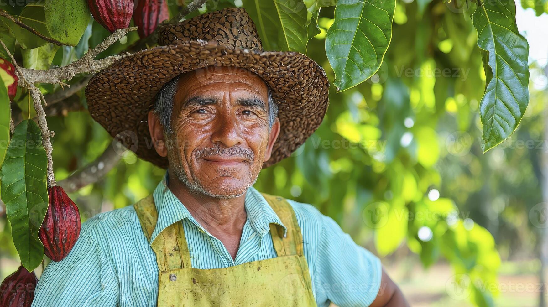 Capture the essence of rural life with this heartwarming portrait of a seasoned farmer, his face etched with years of labor and wisdom, standing proudly amidst his flourishing cocoa plantation, a photo