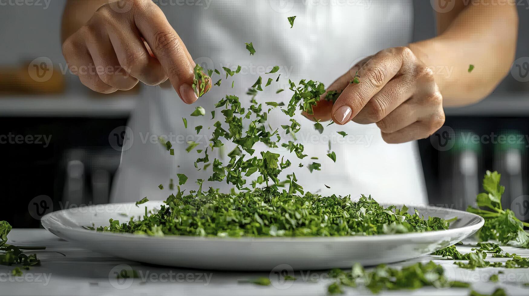 Capturing the Culinary Art A Detailed Look at Fresh Parsley Being Chopped and Prepared on a White Plate A Close-Up Showcase of Vibrant Green Herbs in Motion, Perfect for Food Blogs and Culinary photo
