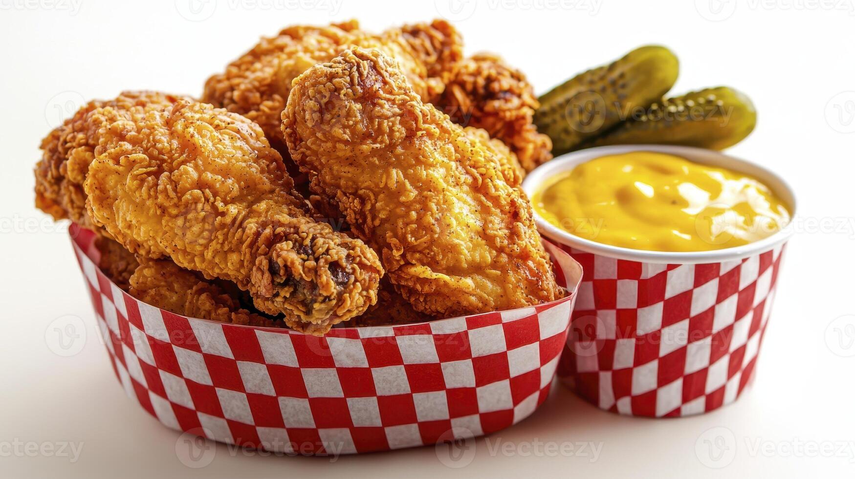 Crispy Fried Chicken Delights Indulge in golden-brown perfection with this mouthwatering image Showcasing juicy, flavorful chicken pieces served in a classic red-and-white checkered basket alongside photo