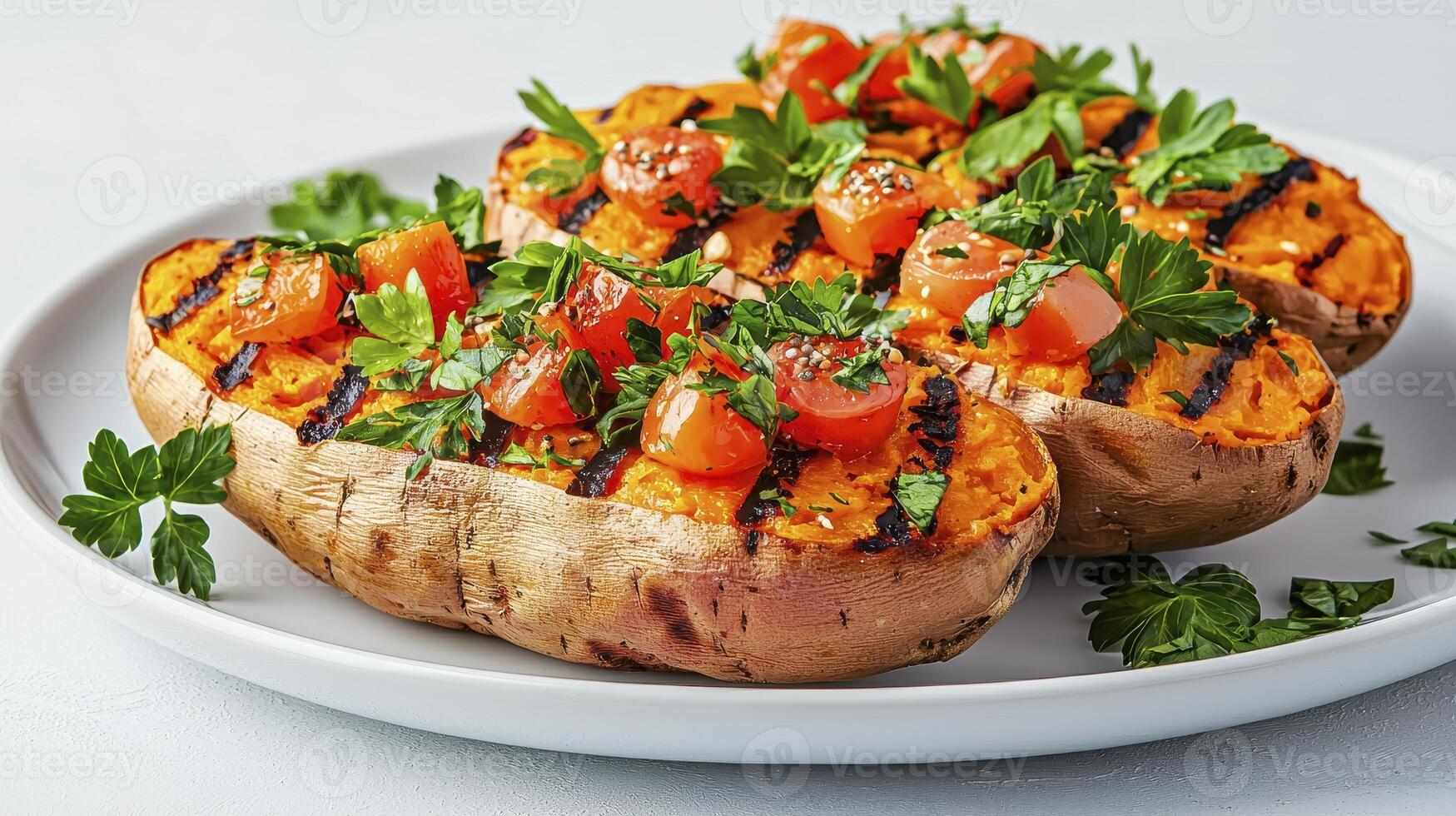 Delicious Baked Sweet Potatoes with Tomatoes and Parsley A Healthy and Flavorful Vegetarian or Vegan Meal Idea, Perfect for Lunch or Dinner Discover this Easy Recipe for a Nutritious and Satisfying photo