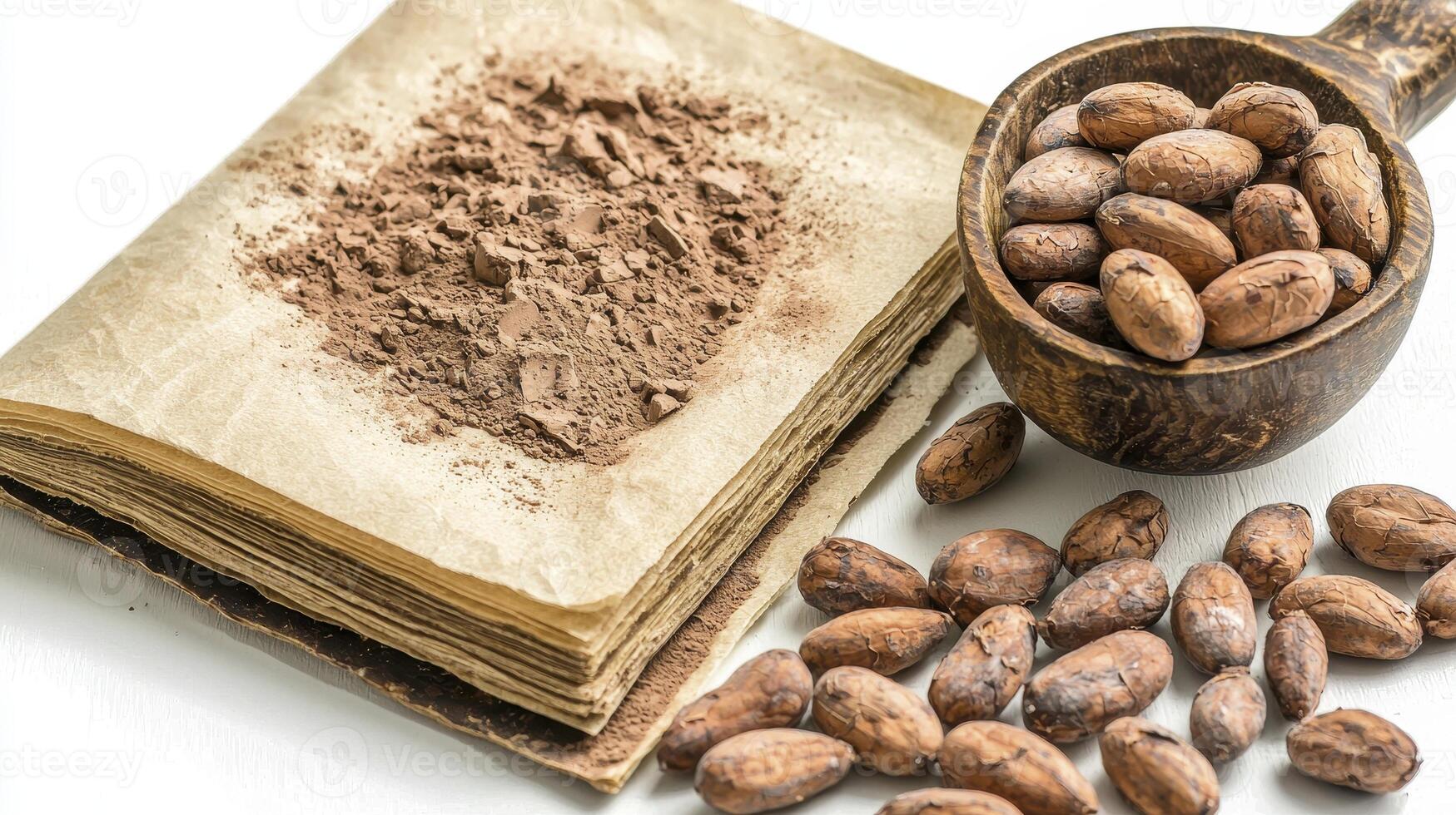 Delicious cocoa beans and rich cocoa powder create a captivating culinary scene, highlighting natural ingredients and inviting exploration of flavor Capture the essence of raw, organic cocoa with photo