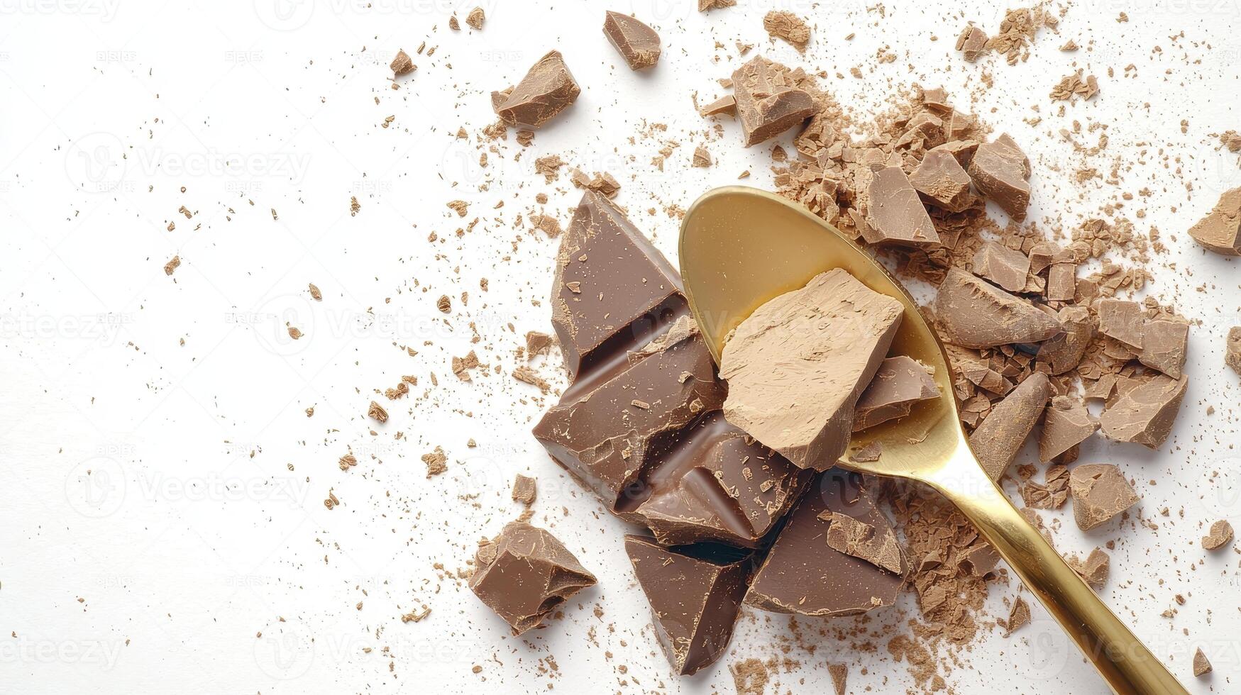 Delicious Chocolate Pieces with Golden Spoon on White Background Indulge in the Richness of Cocoa, Perfect for Desserts, Baking, and Sweet Treats Explore the Irresistible Texture and Flavor of photo