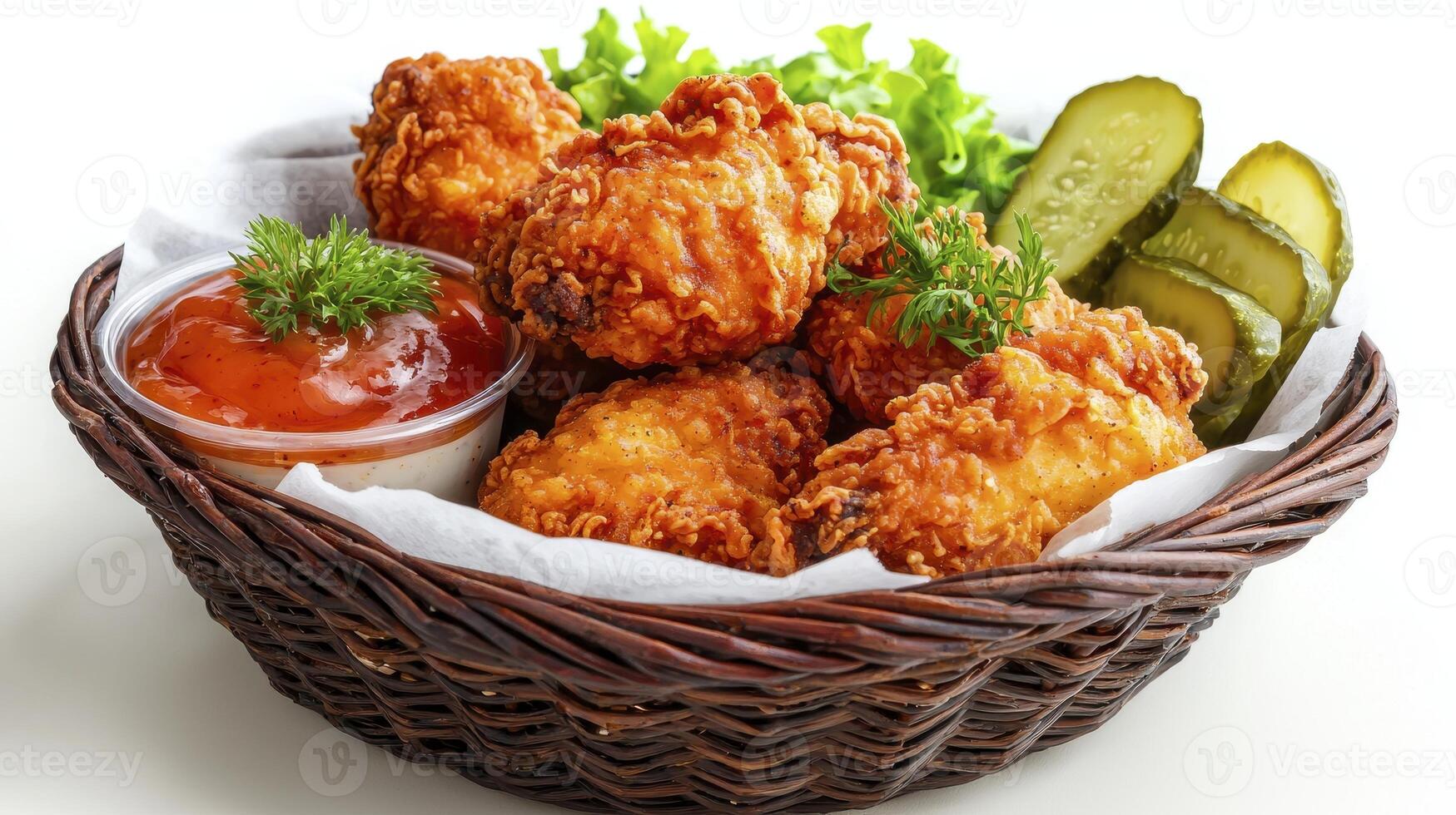 Delicious Fried Chicken Basket A Culinary Delight of Crispy Chicken Wings and Tender Pieces, Served with Tangy Ketchup and Refreshing Pickles, Perfect for a Quick Lunch or Dinner Enjoy this photo