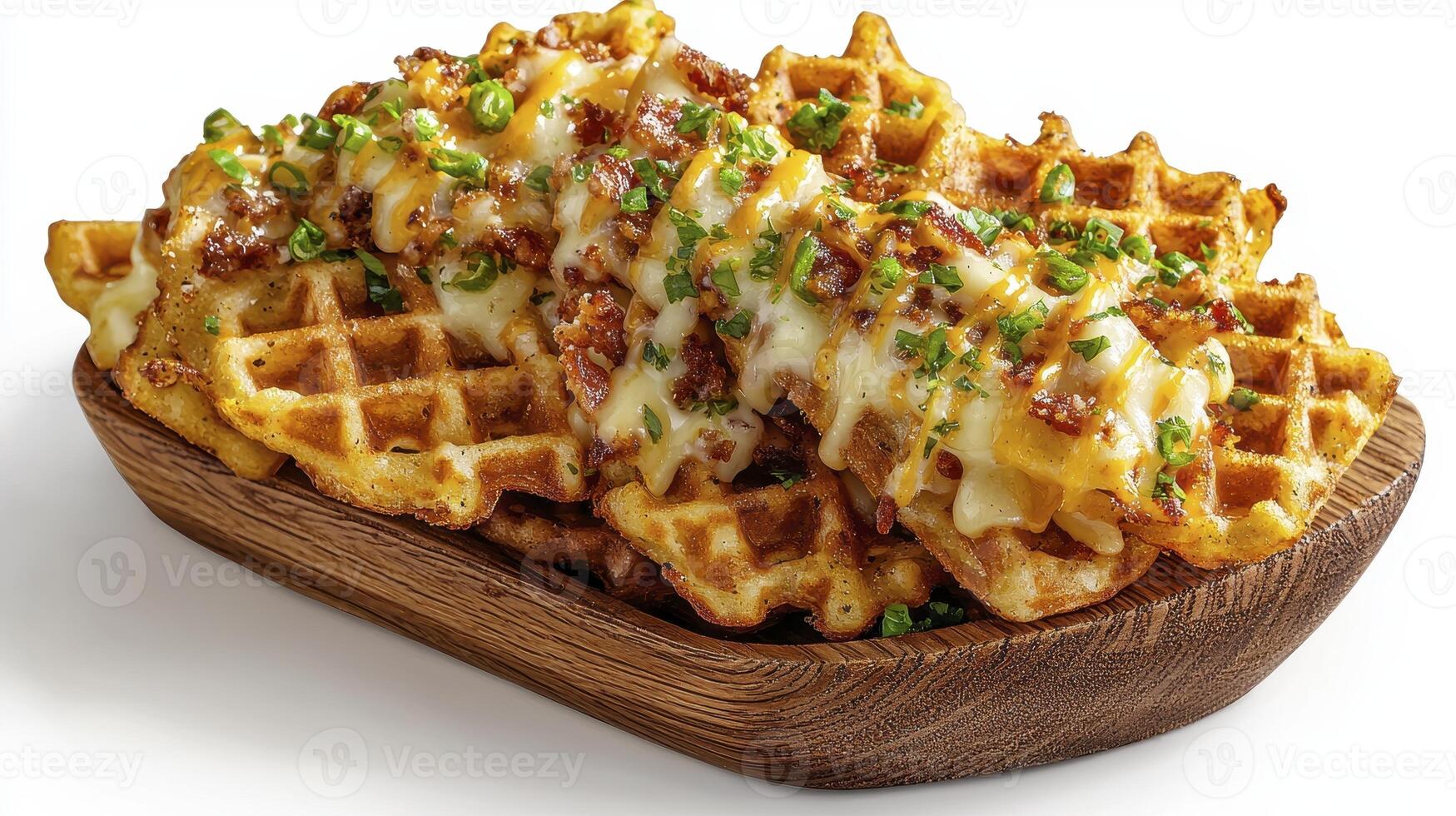 Delicious Golden Brown Waffles Topped with Melted Cheese and Crispy Bacon, a Savory and Sweet Combination Perfect for Breakfast, Brunch, or a Satisfying Snack, Featuring a Close-Up View Highlighting photo