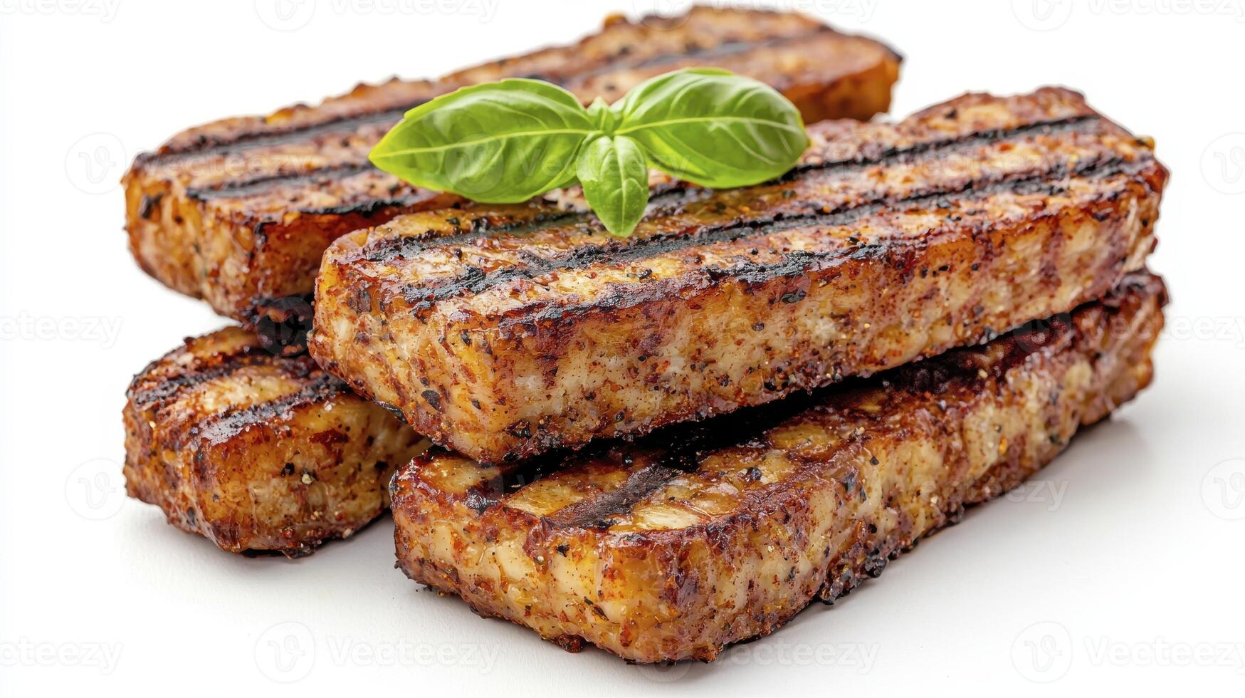 Delicious Grilled Tempeh Stack with Fresh Basil Garnish A High-Protein Vegetarian and Vegan Food Option, Perfect for Healthy Eating and Plant-Based Diets, Showcasing its Versatility as a Meat photo