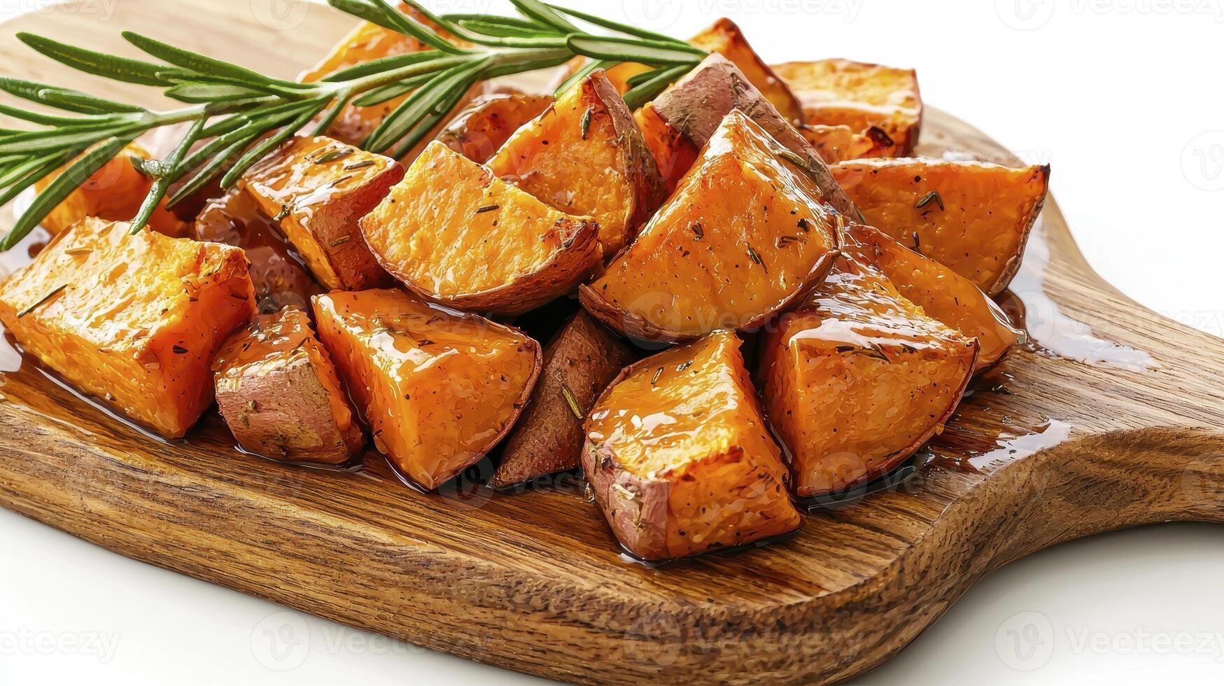 Delicious Roasted Sweet Potatoes on Rustic Wooden Board A Culinary Delight Featuring Healthy Orange Vegetables, Rosemary Sprigs, and Perfect Textures for Food Photography, Recipe Inspiration, and photo