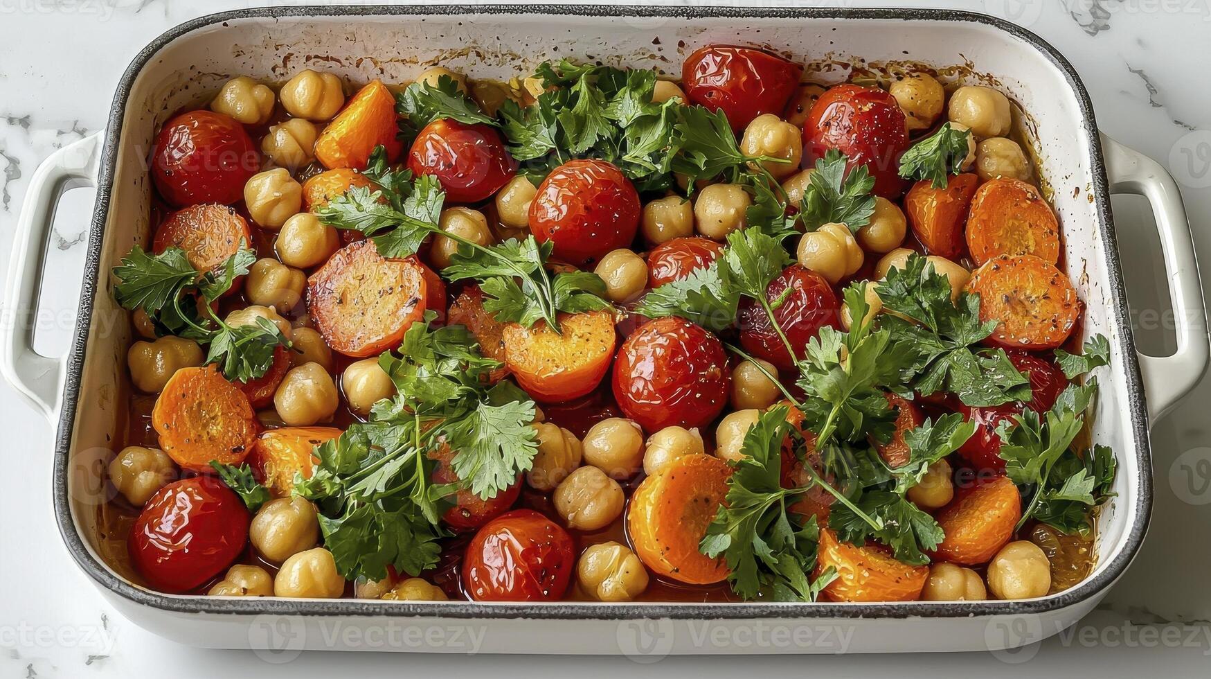 Delicious Vegetarian Chickpea Bake Recipe A Vibrant and Healthy Meal Featuring Juicy Tomatoes, Sweet Carrots, and Fresh Herbs, Perfect for a Nutritious Lunch or Dinner, Easy to Prepare with Simple photo