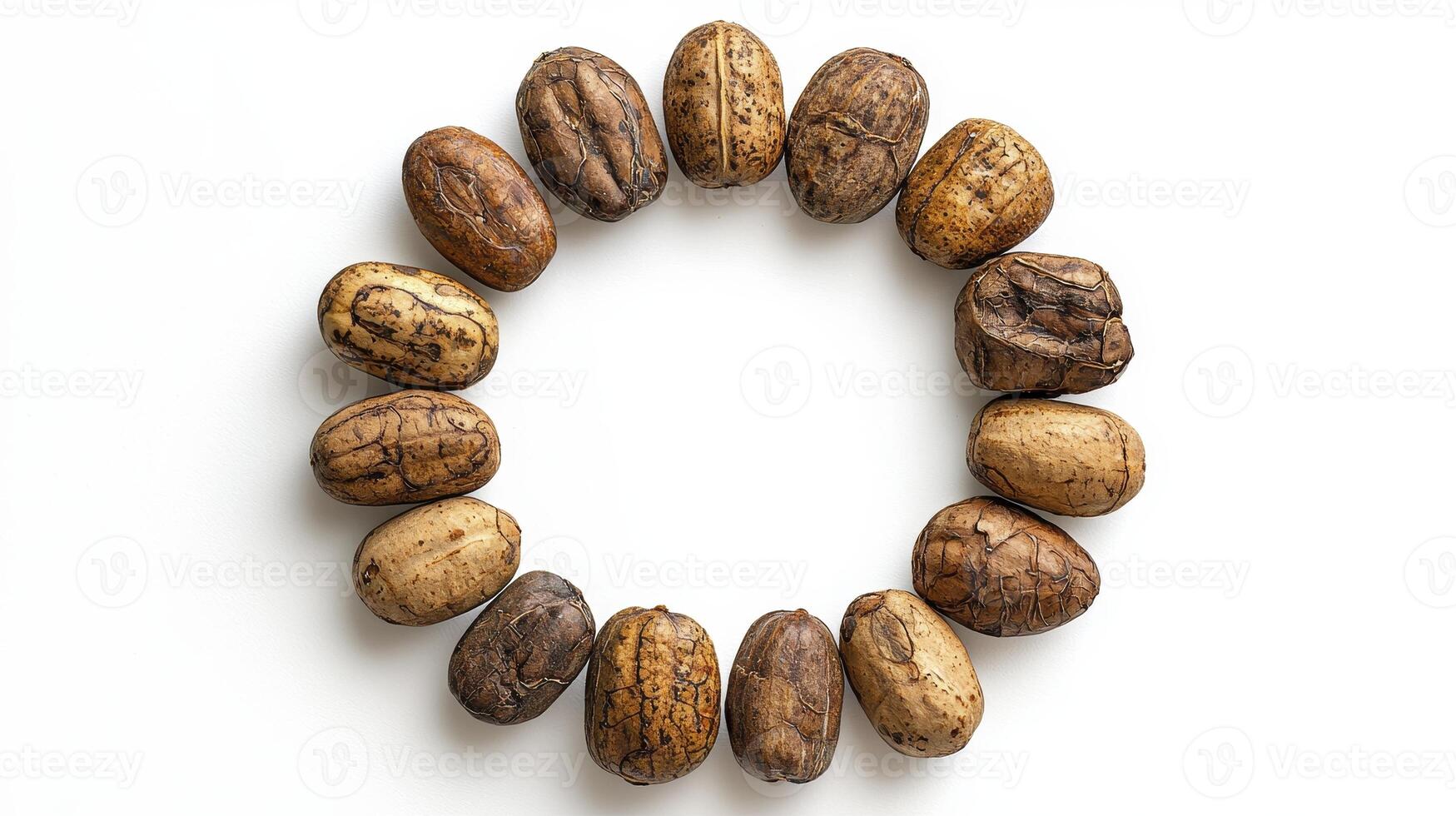 Discover the beauty and benefits of shea nuts with this captivating image showcasing a circular arrangement against a pristine white background, highlighting the natural textures and earthy tones photo