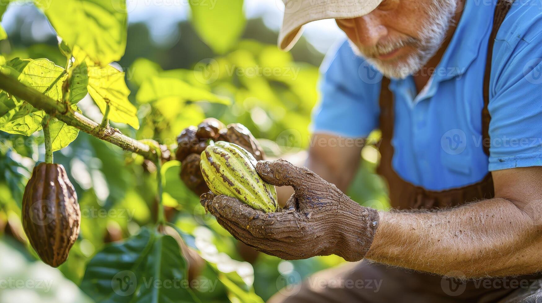 Discover the art of cocoa cultivation with this captivating image showcasing a farmer carefully inspecting a fresh cacao pod on the tree, highlighting the journey from bean to bar, symbolizing photo