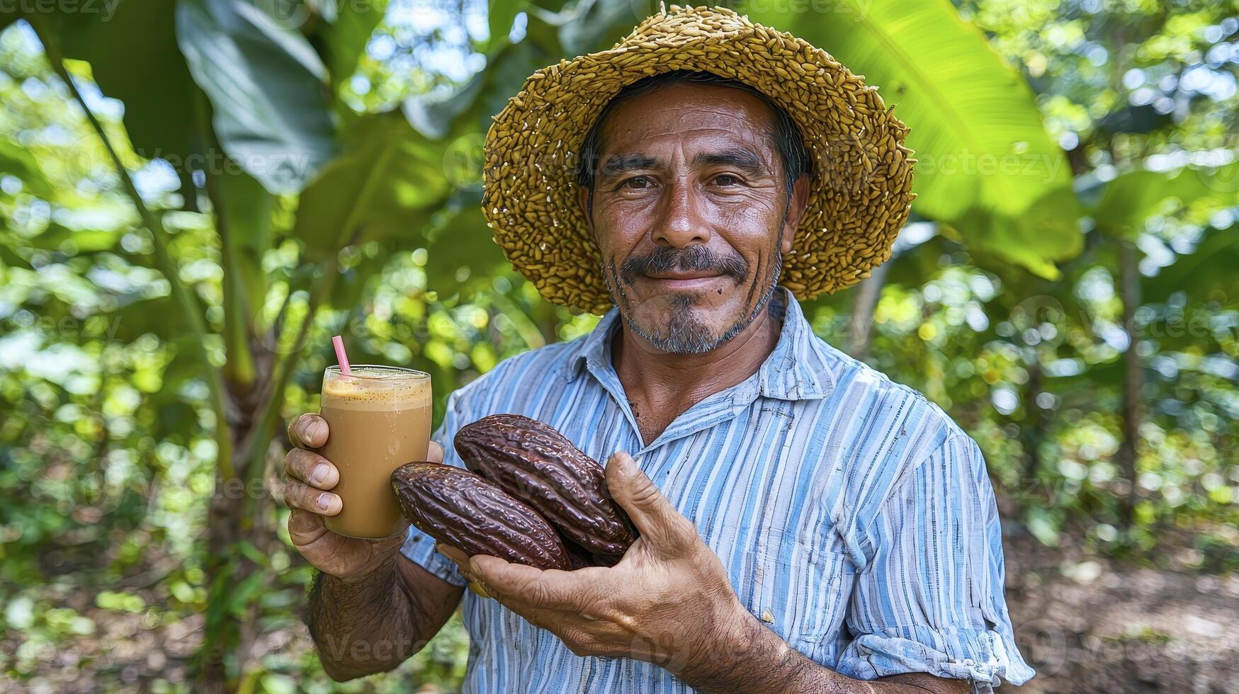Discover the heart of sustainable farming with this captivating image of a cocoa farmer proudly displaying freshly harvested cocoa pods and a delightful cocoa drink, showcasing the vibrant traditions photo