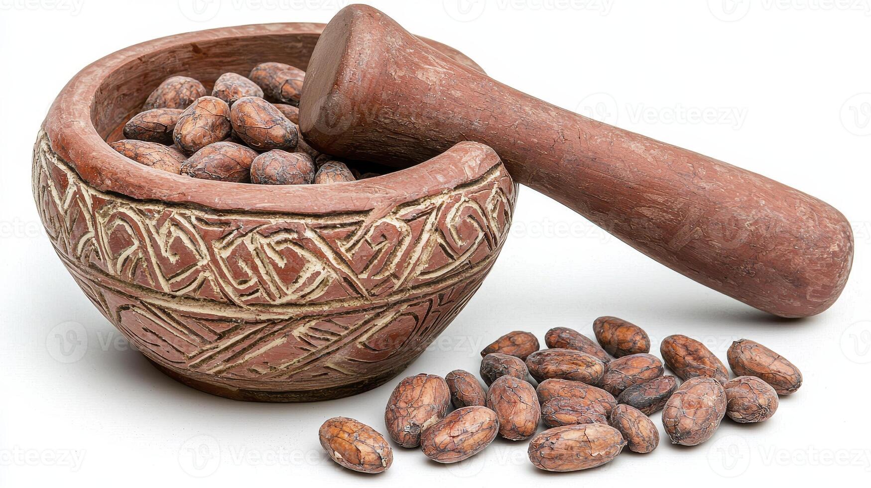 Discover the rich world of cocoa beans with this captivating image Explore the textures of the cocoa beans, the earthy tones of the rustic bowl, and the craftsmanship of the pestle Perfect for food photo