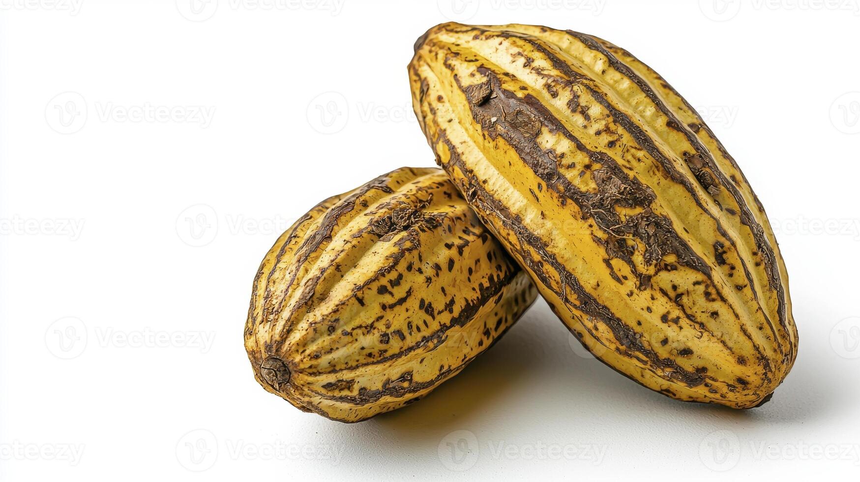 Discover the Richness of Cocoa Two Freshly Harvested Cocoa Pods Displayed in Natural Light Ideal for use in advertising materials for confectioneries, chocolate companies, or agricultural businesses photo