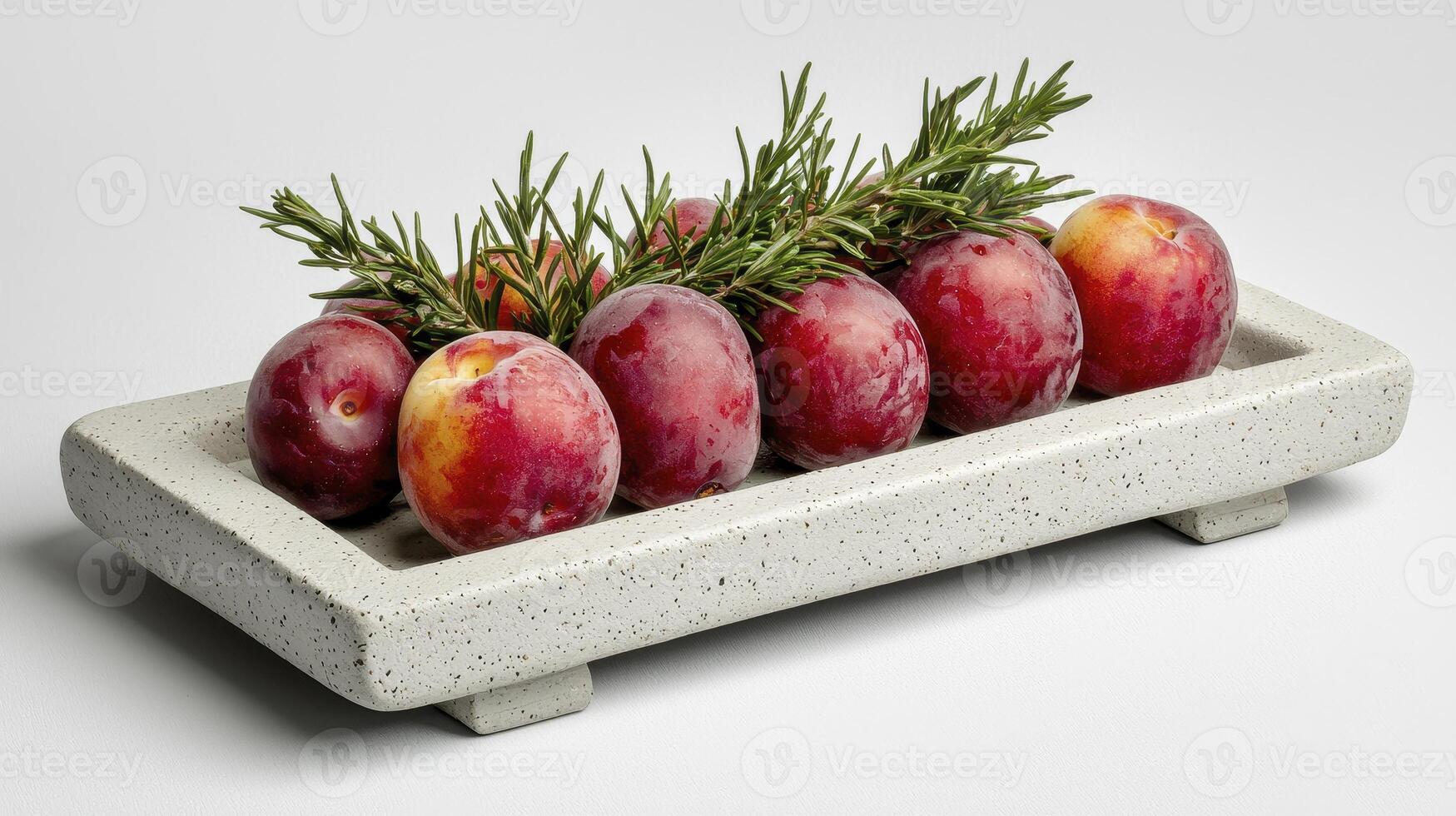 Elevate Your Culinary Vision with this Striking Still Life of Ripe Plums A symphony of deep reds, vibrant yellows, and lush greens, expertly arranged on a textured stone platter This evocative image photo