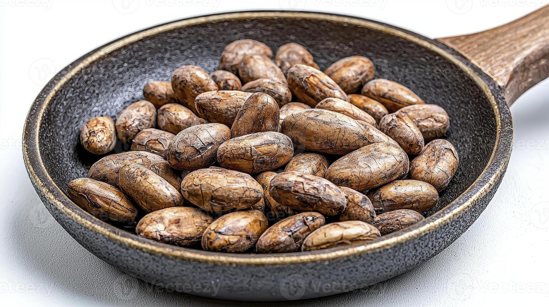 Elevate your designs with this captivating image of roasted cocoa beans in a rustic pan, perfect for culinary projects, chocolate promotions, and healthy eating blogs Explore the rich textures and photo