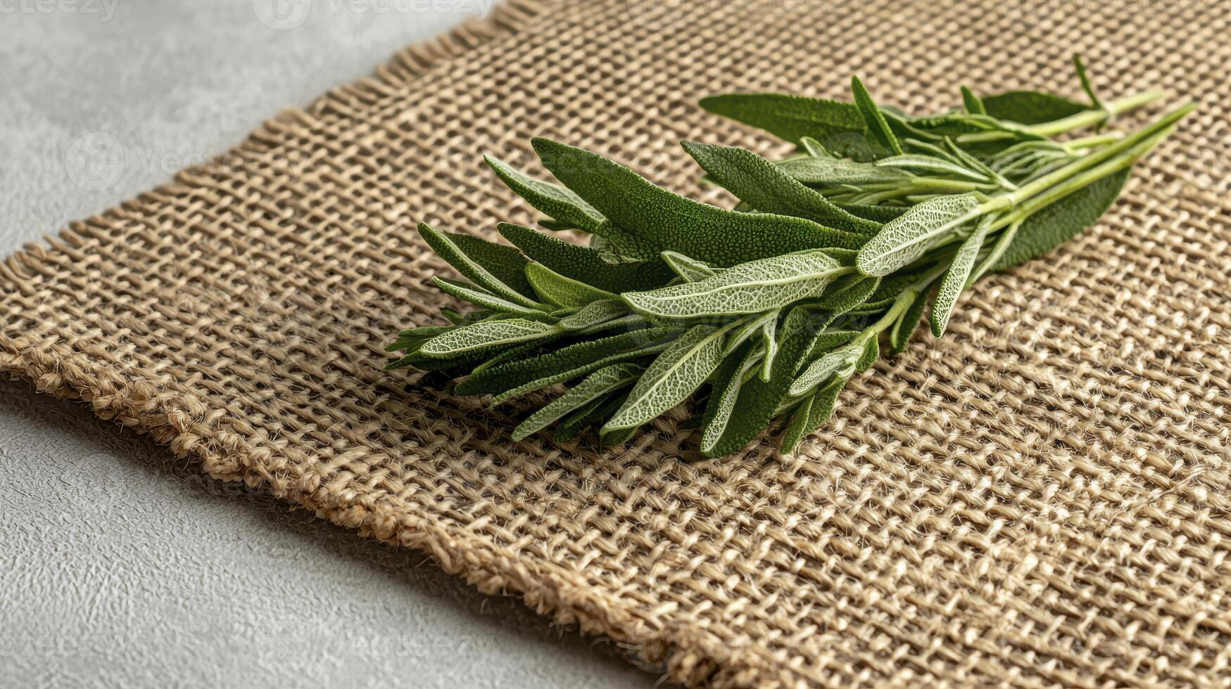 Explore the calming aesthetic of fresh sage leaves resting gracefully on rustic burlap fabric, capturing a natural harmony that evokes tranquility and culinary inspiration This image highlights the photo