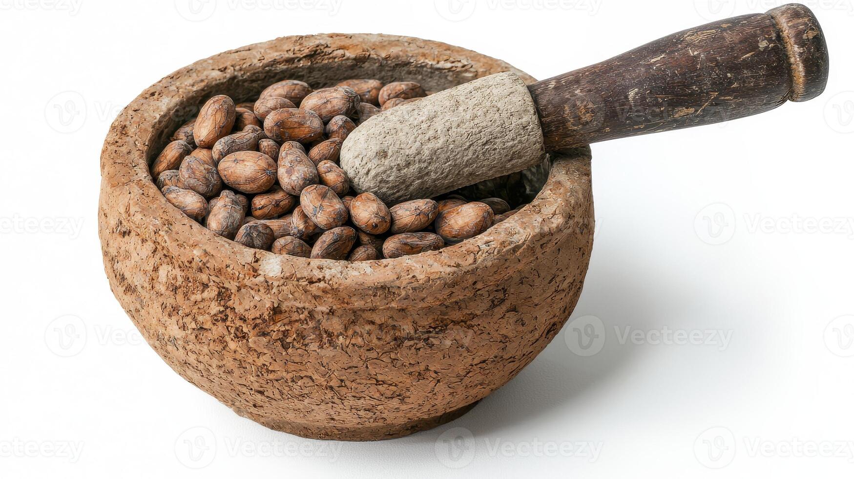 Explore the rich, earthy tones of raw cocoa beans nestled within a rustic stone mortar and pestle, evoking the essence of traditional chocolate making This captivating image showcases the natural photo