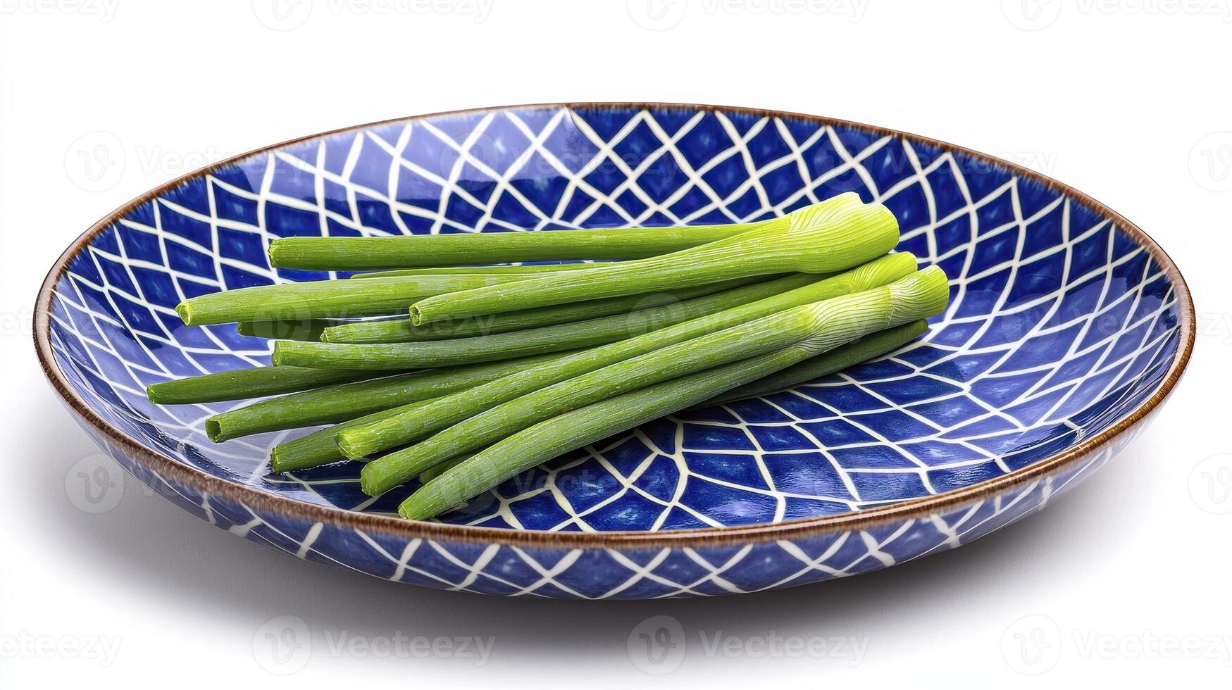 Fresh Green Garlic Scapes on a Decorative Blue and White Plate A Culinary Delight Discover the vibrant flavors of these tender shoots, perfect for enhancing your dishes with a mild garlic essence photo