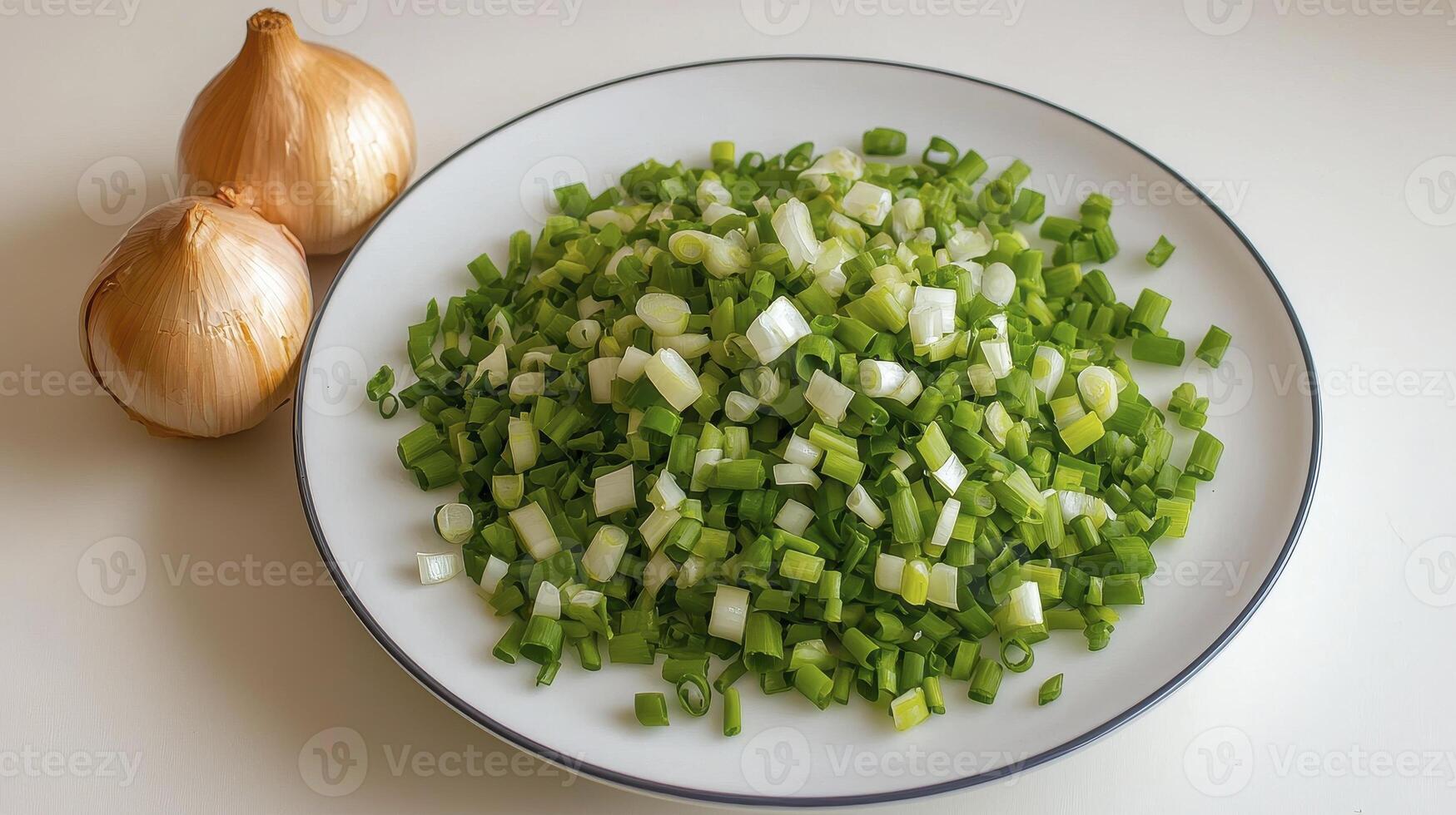 Fresh Chopped Green Onions and Whole Yellow Onions on a White Plate, Perfect for Cooking, Salads, or Garnishes Discover High-Quality Culinary Images Featuring Vibrant, Fresh Ingredients for Delicious photo