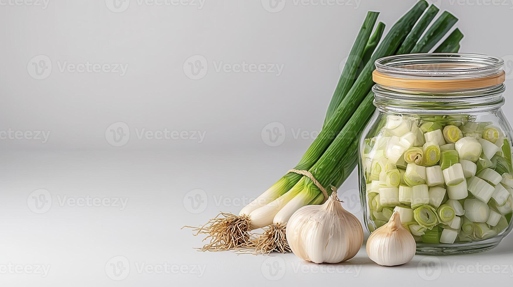 Fresh Green Onions and Garlic Still Life Explore the vibrant details of freshly harvested green onions alongside aromatic garlic cloves, beautifully displayed next to a glass jar filled with chopped photo