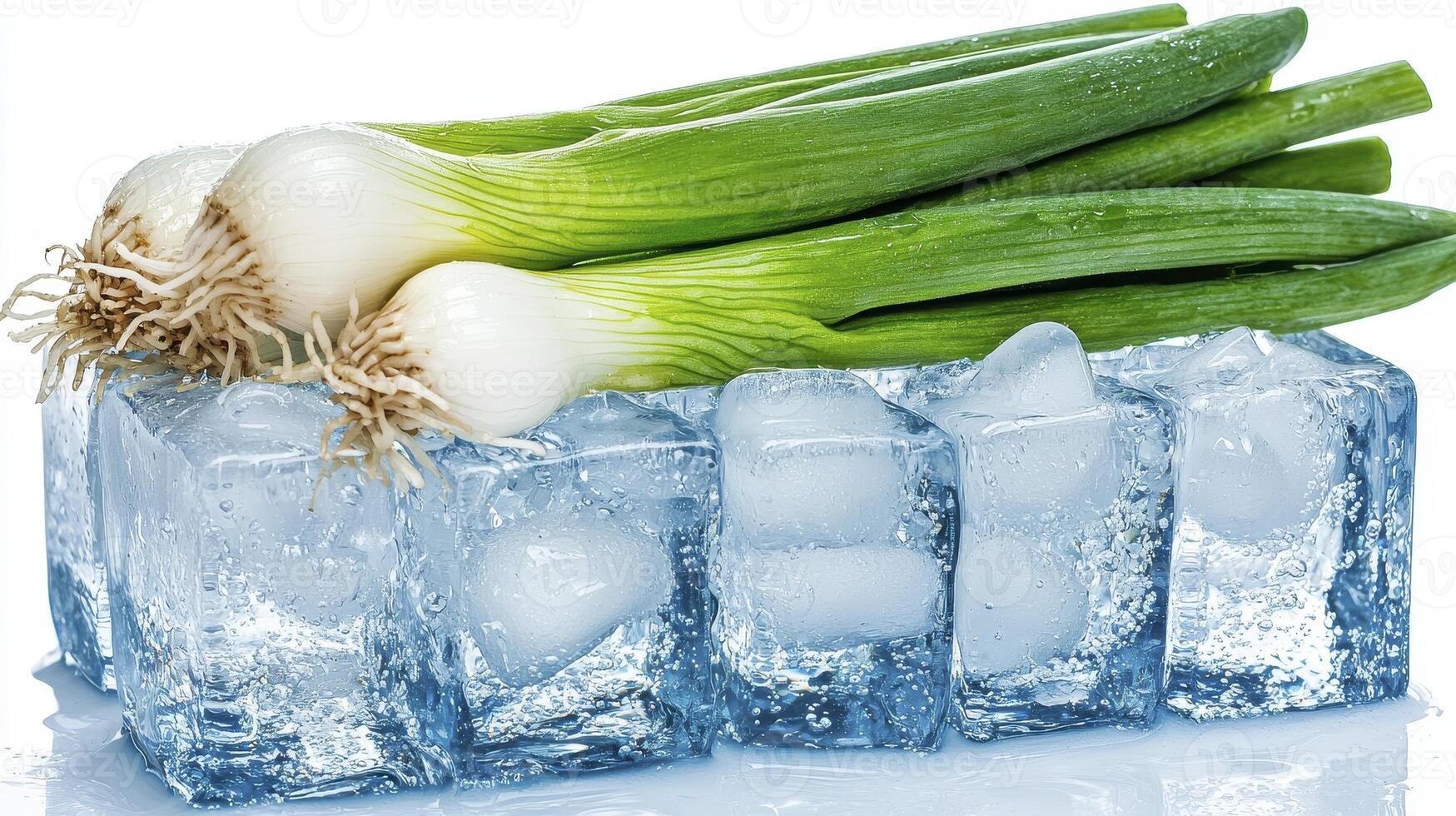 Fresh green onions sit atop glistening ice cubes in this cool and crisp still life photograph Capturing the contrast between the natural vibrancy of the scallions and the sharp chill of the ice, this photo
