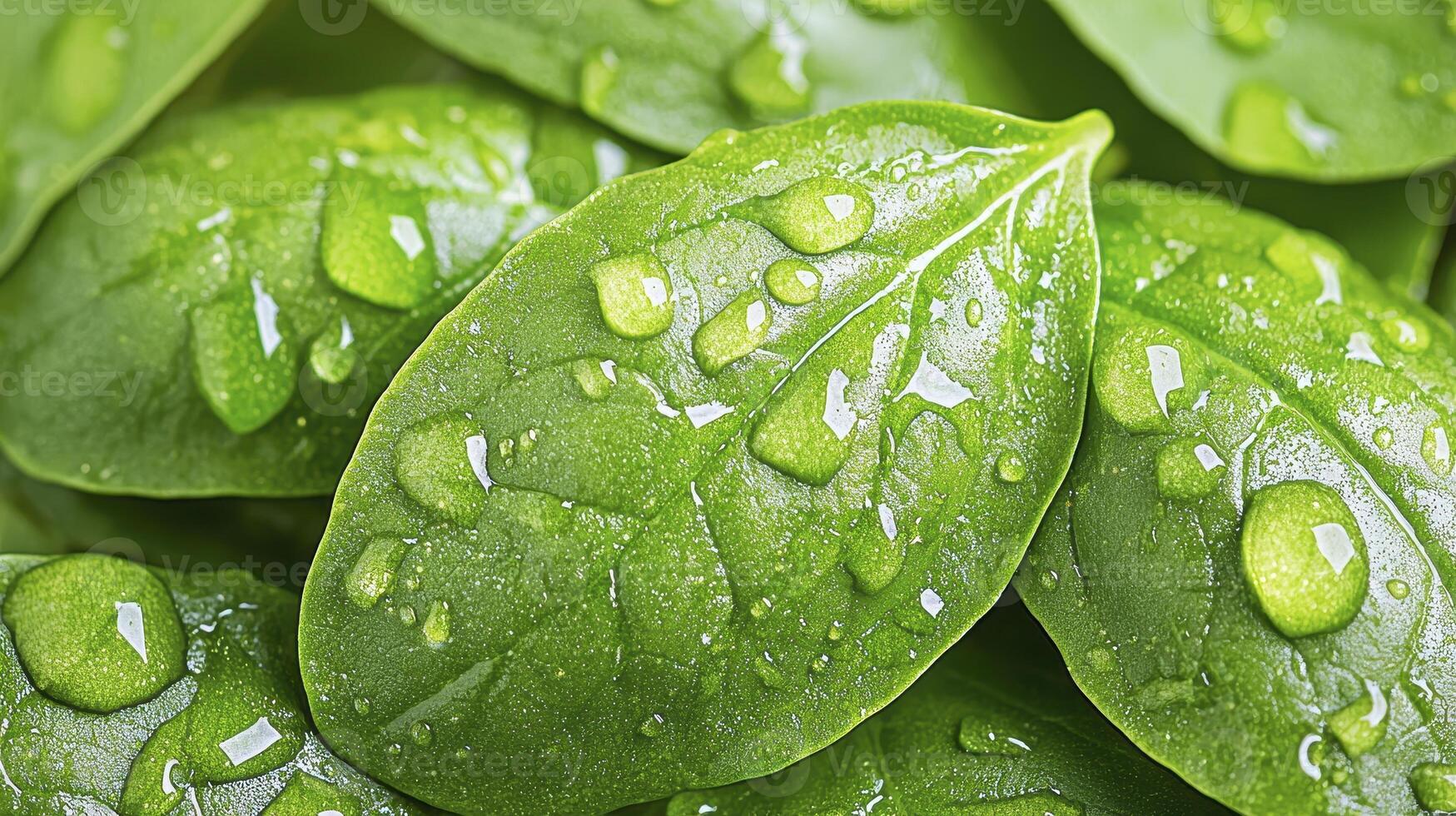Fresh Green Spinach Leaves with Water Droplets A Vibrant Macro Image Showcasing Nature's Beauty and the Essence of Healthy Eating Explore the Intricate Details and Rich Textures of These Leafy photo