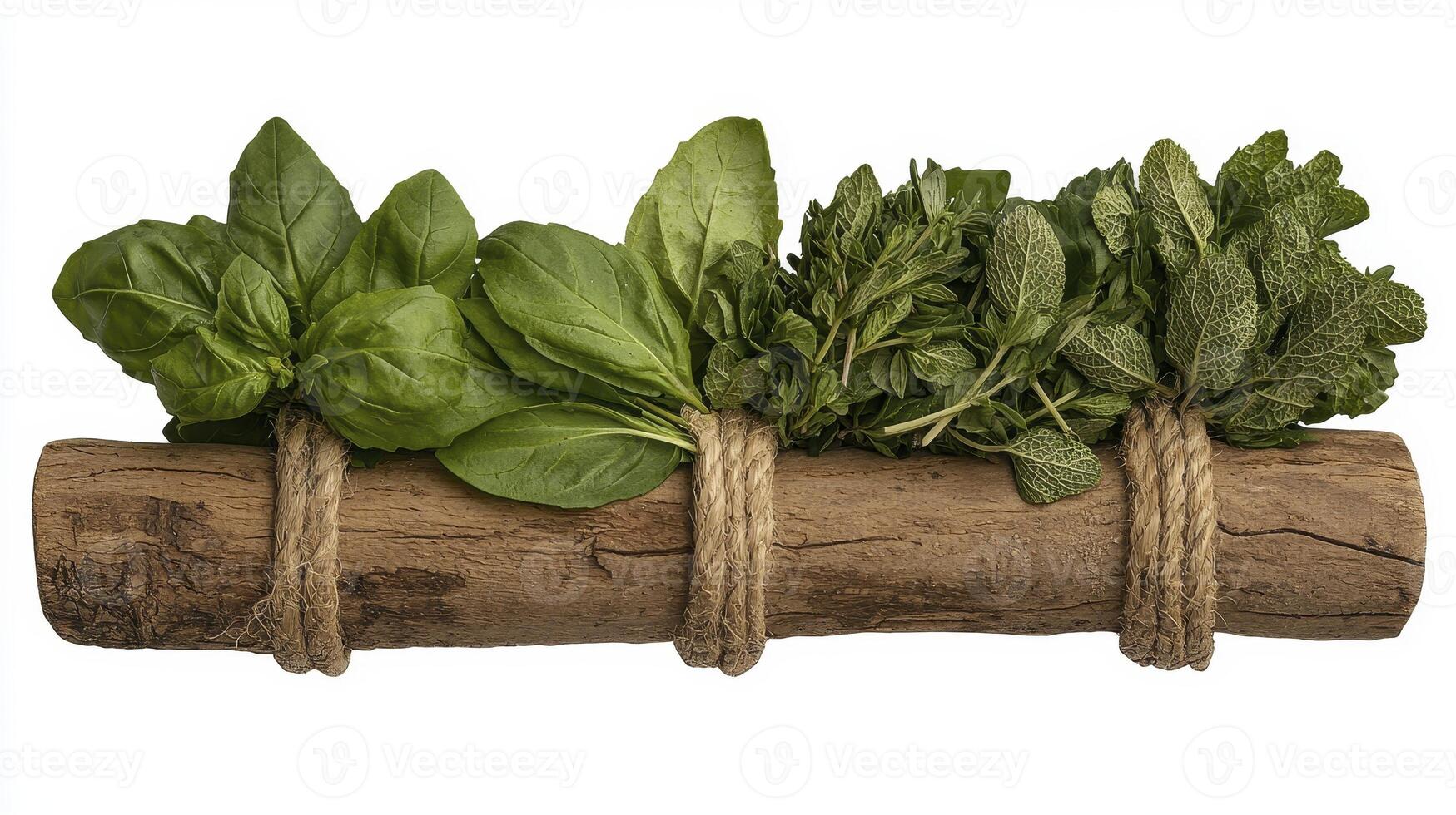 Fresh Herbs Bundle Stock Photo Discover vibrant bundles of basil, arugula, rosemary, and spinach delicately tied with rustic twine, resting upon weathered wood Perfect for culinary enthusiasts, food