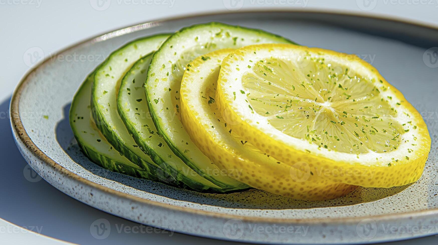 Fresh Sliced Cucumber and Lemon on Plate A Refreshing Still Life Composition, Featuring Vibrant Colors, Natural Light, and a Clean Aesthetic Perfect for Health, Wellness, Food, and Diet-related photo