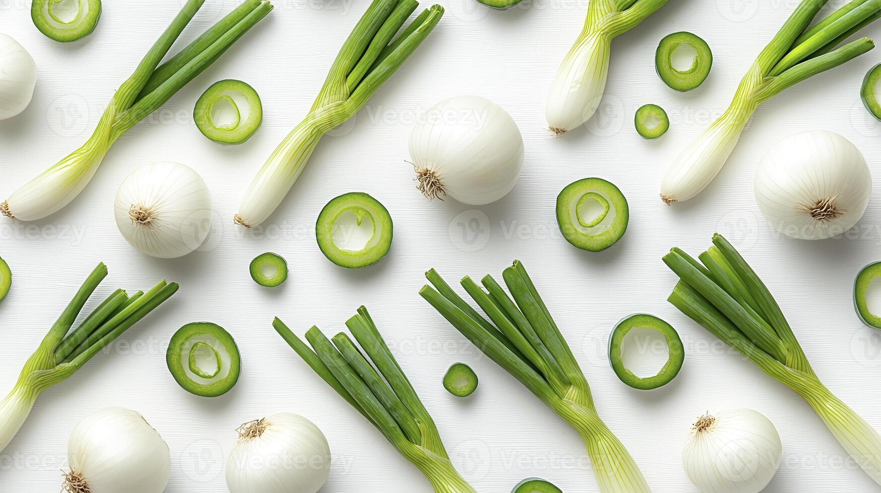 Fresh Spring Onions A Vibrant Composition of Nature's Bounty, Showcasing the Crisp Green Stalks and Delicate White Bulbs, Perfect for Culinary Creations and Visual Delight This Image Captures the photo