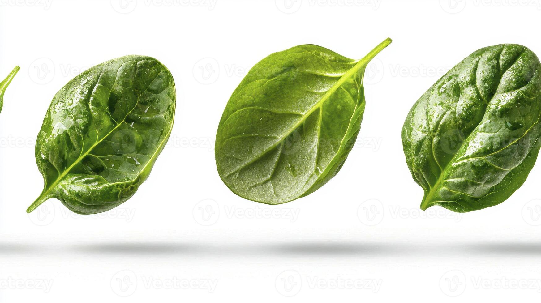 Fresh, vibrant green spinach leaves, captured in a clean and modern studio shot These leaves, arranged in a dynamic composition, showcase their natural beauty and crisp texture Perfect for photo