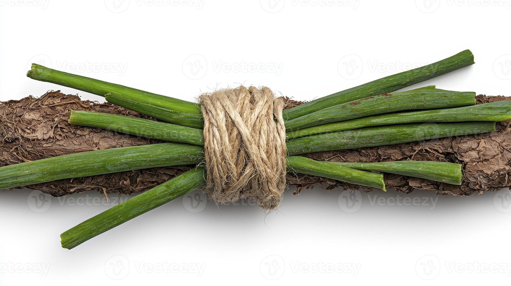 Freshly Harvested Chives Tied with Natural Twine on Rustic Bark A Culinary Delight Depicting Organic Herb Gardening and Flavorful Kitchen Ingredients, Perfect for Health Conscious Cooking photo