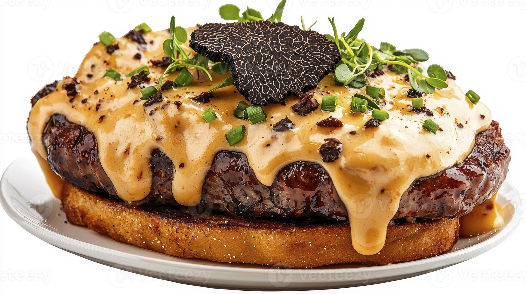 Indulge in a culinary masterpiece with this exquisite burger image, showcasing a juicy beef patty generously smothered in a decadent cheese sauce, adorned with delicate truffle shavings and fresh photo