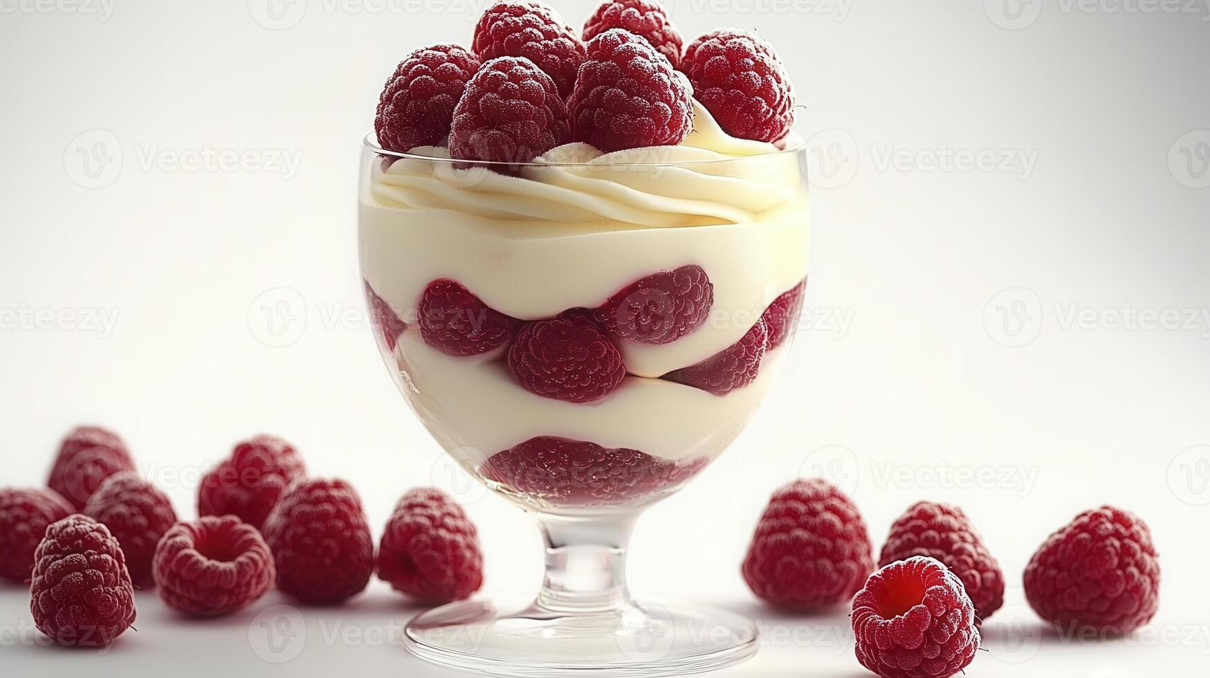 Indulge in a delightful raspberry parfait, a symphony of flavors and textures that combines the tangy sweetness of fresh raspberries with the creamy smoothness of a velvety vanilla cream, creating an photo