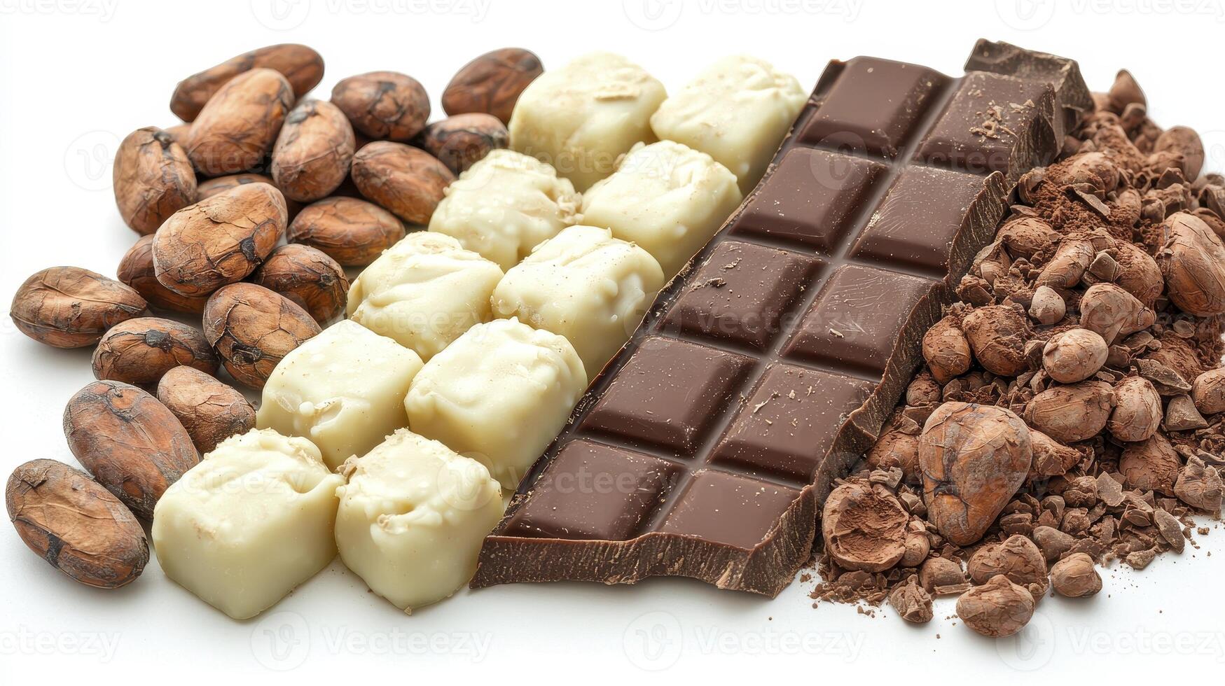 Indulge in the rich and decadent world of chocolate with this captivating image showcasing cocoa beans, white chocolate squares, a tempting milk chocolate bar, and a mound of dark, velvety cocoa photo