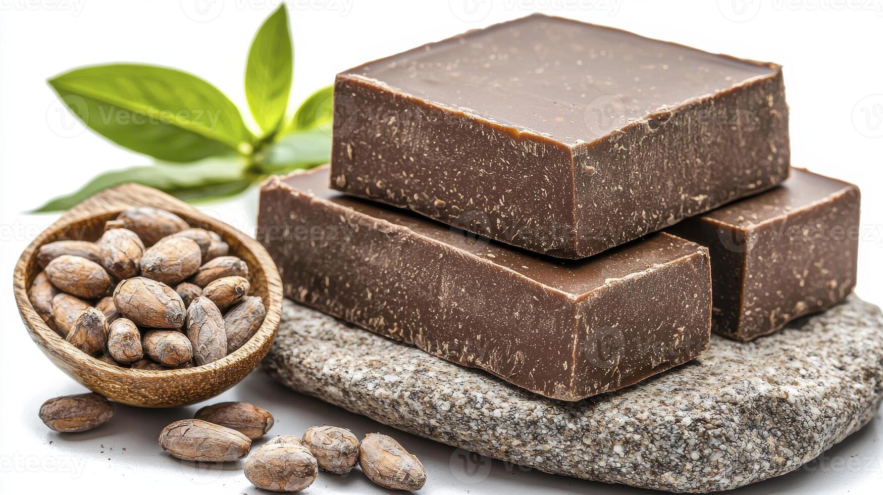 Indulge in the Richness Captivating Image of Handcrafted Chocolate Bars Nestled on Natural Stone, Complemented by Fresh Cocoa Beans and Vibrant Green Leaves, Showcasing the Artistry and Purity of photo