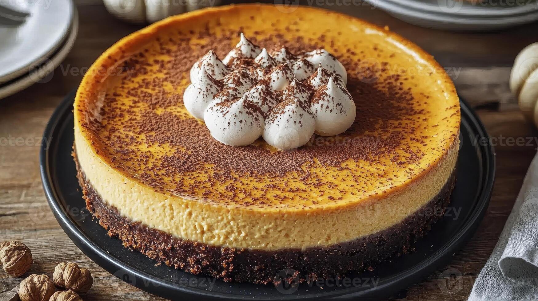 Indulge in the warmth of autumn with our exquisite pumpkin cheesecake, a delectable fusion of creamy, spiced pumpkin filling atop a rich, decadent chocolate crust, adorned with delicate swirls of photo