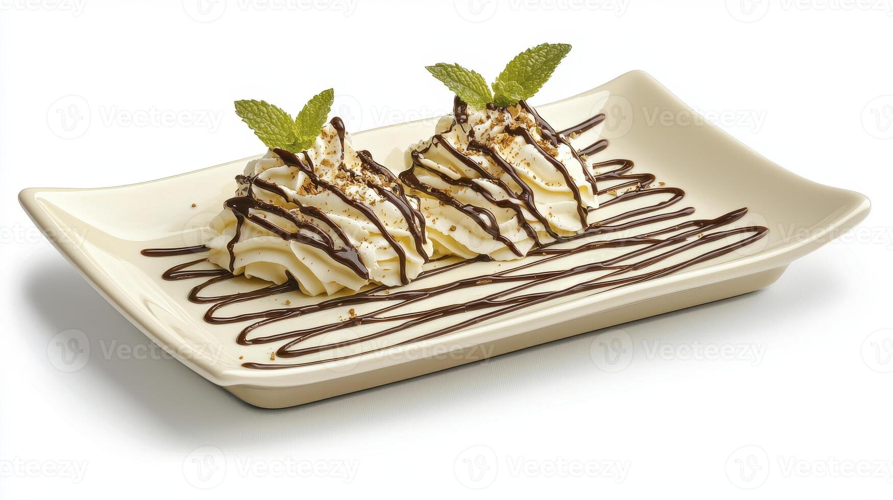 Indulge in this delectable dessert photograph featuring creamy swirls topped with rich chocolate drizzle and fresh mint sprigs, served elegantly on a rectangular plate Perfect for showcasing culinary photo