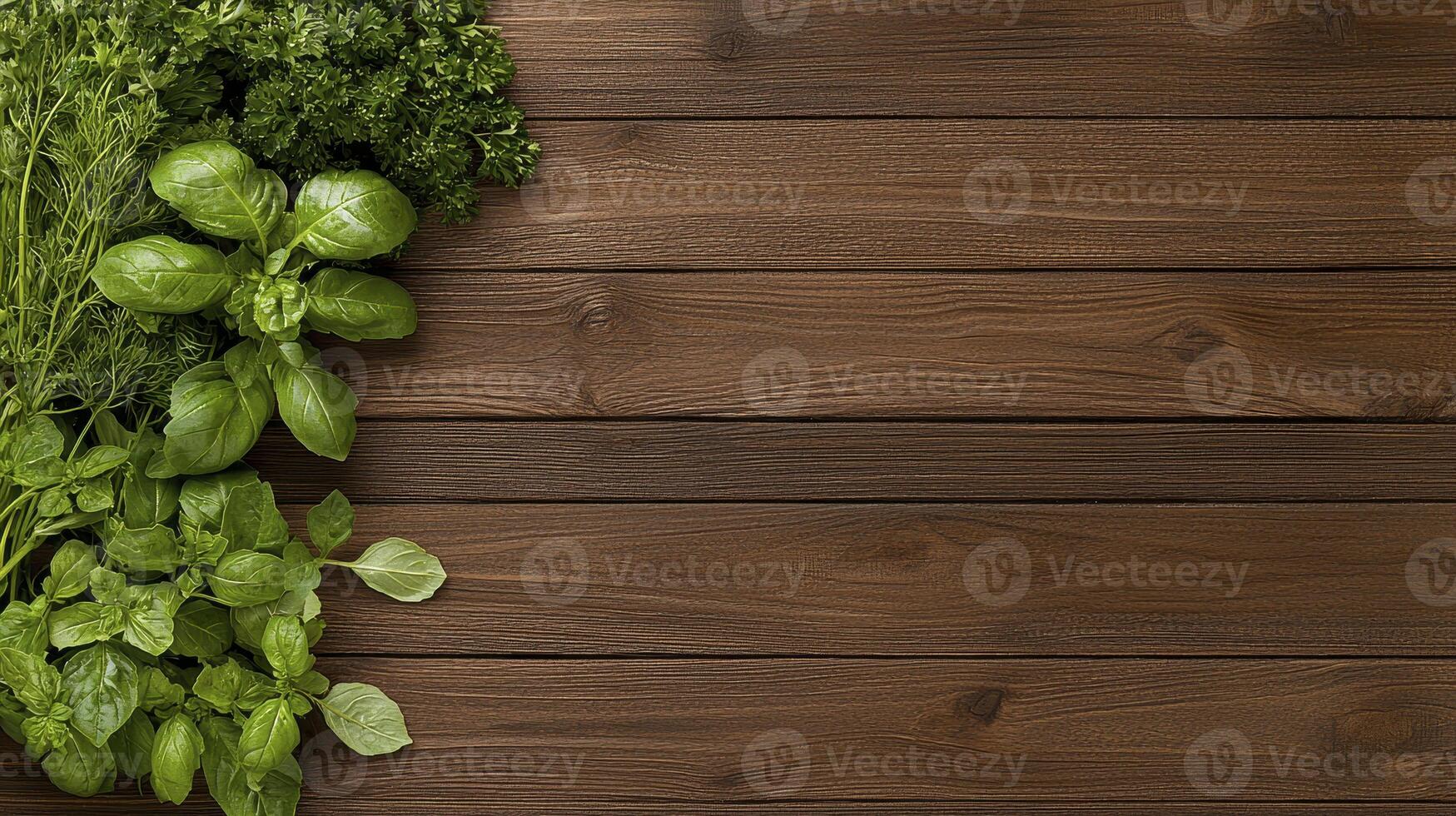 Rustic Wooden Background with Fresh Herbs A Beautiful Backdrop for Culinary Creations and Natural Food Photography, Featuring Basil, Parsley, and Other Greens Perfect for Highlighting Recipes photo
