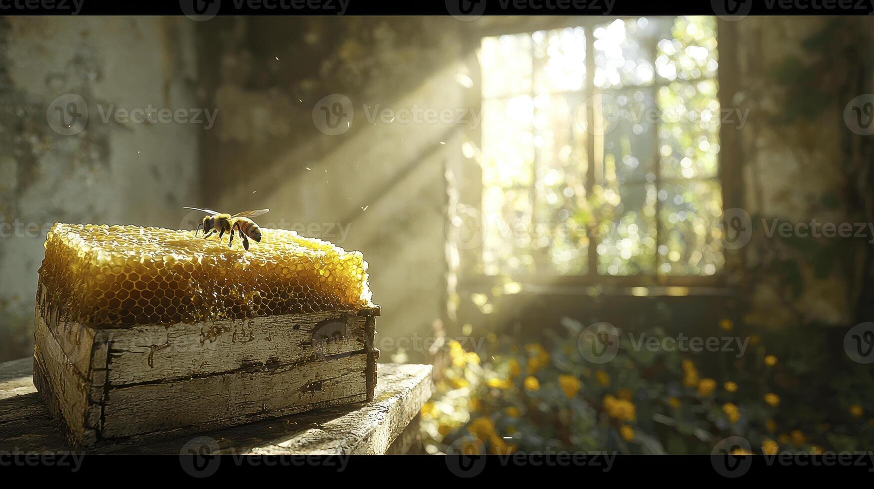 A captivating scene unfolds within an abandoned, sun-drenched room, where nature reclaims its space A single bee diligently explores the intricate honeycomb, illuminated by ethereal rays of light photo