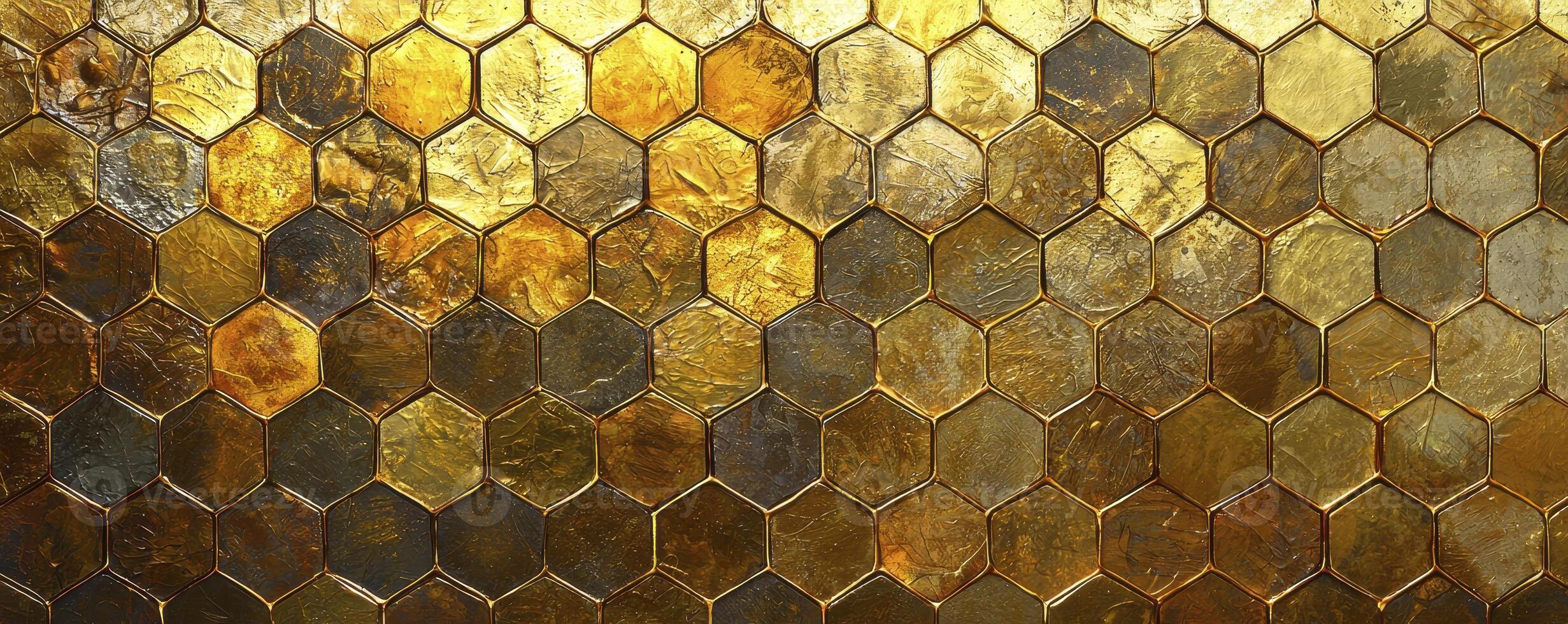 Abstract Golden Honeycomb Pattern Background Image, perfect for adding a luxurious and textured touch to your designs This eye-catching pattern features hexagonal shapes in varying shades of gold and photo