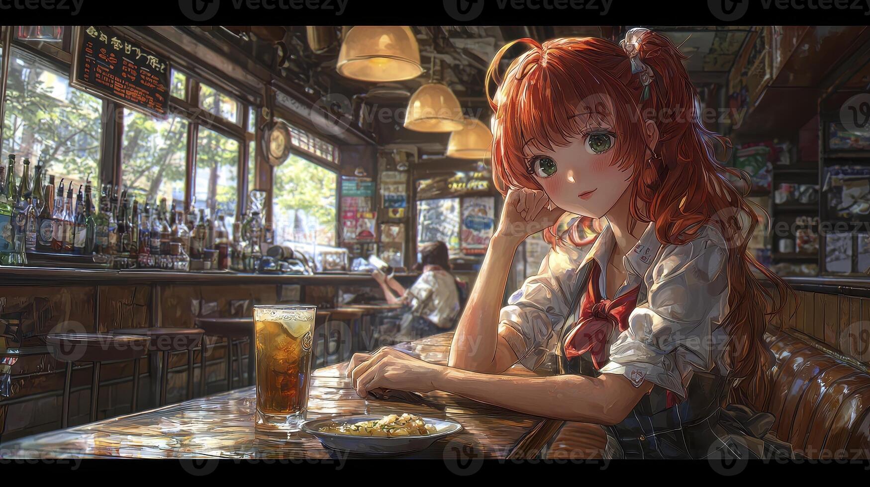 Anime Girl in Cozy Bar A Serene Scene of Reflection and Drink with a Red-Haired Character in a Casual Setting, Perfect for Wallpaper or Digital Art Collection Explore the Details of this Digital photo