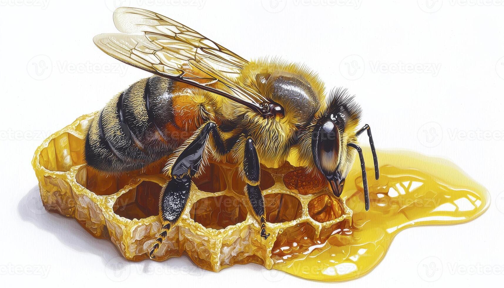 Captivating close-up image of a honeybee meticulously collecting nectar from a golden honeycomb, showcasing the intricate details of its wings and body, while highlighting the sweet and sticky photo