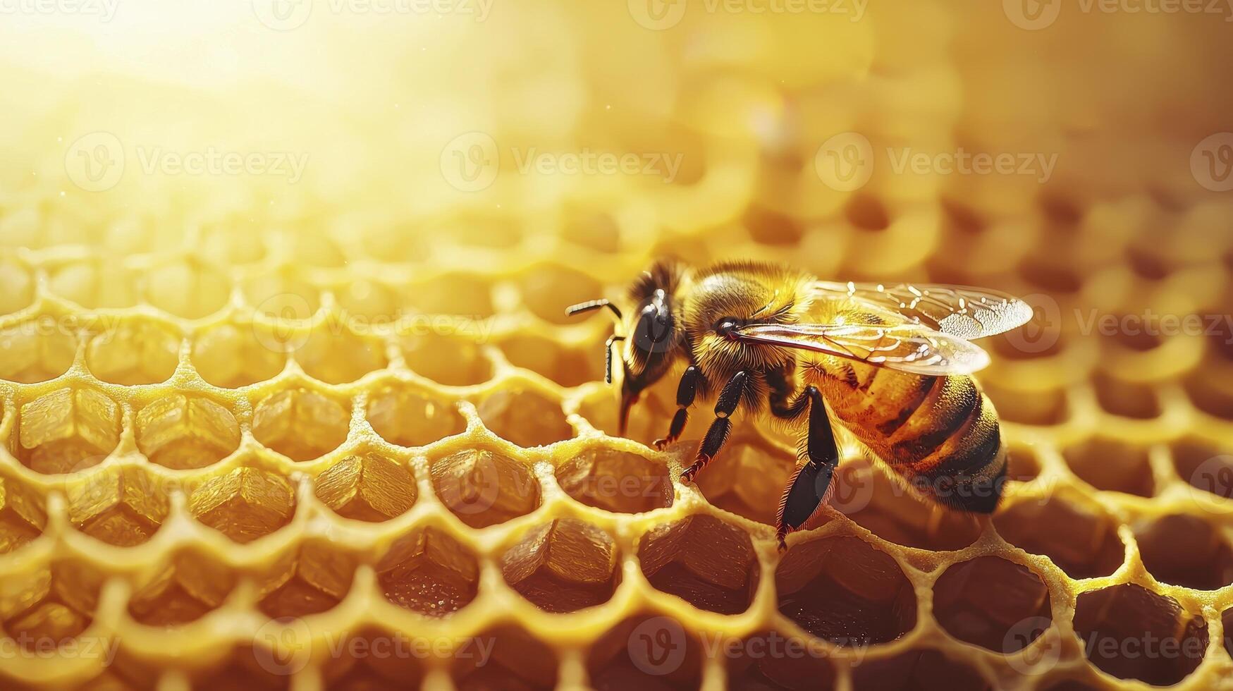 Captivating Close-Up of a Honeybee on Golden Honeycomb Explore the intricate details of apiculture with this stunning macro photograph showcasing a bee diligently working on its hexagonal wax photo
