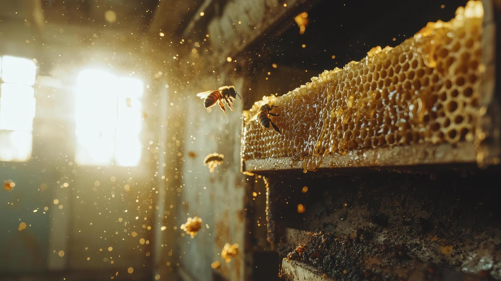Golden Honeycomb Harvest A Close-Up View of Bees in Action, Capturing the Essence of Nature Sweet Nectar Witness the intricate dance of bees as they work diligently in their hive, creating liquid photo