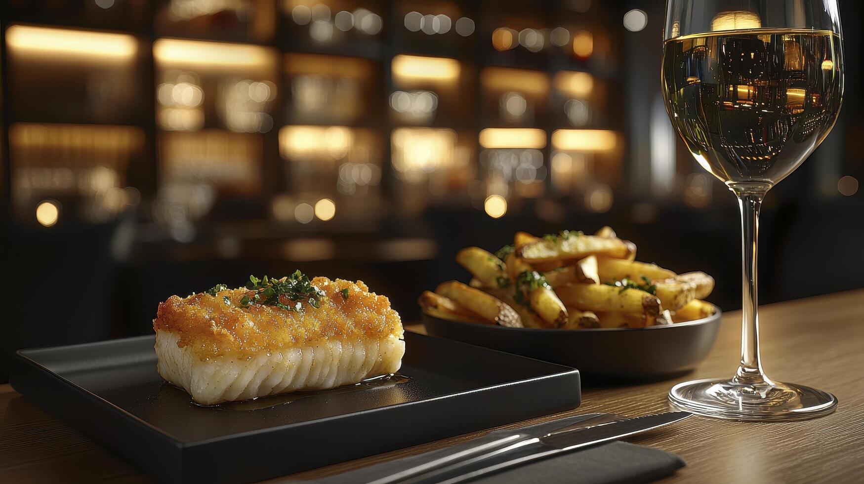Indulge in a sophisticated dining experience with this captivating photograph, showcasing a perfectly plated dish beside crispy fries and a refreshing glass of white wine This image evokes the photo