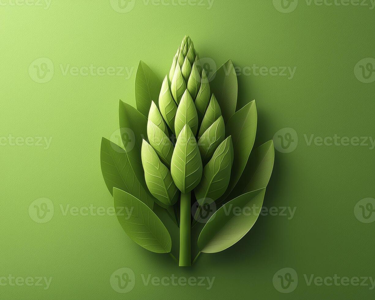 A captivating close-up showcases a vibrant green plant, meticulously arranged in an artistic composition against a matching green background The intricate details of the leaves and the central bud photo