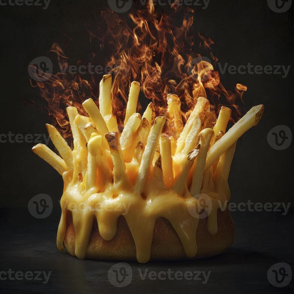 A captivating image showcasing French fries ablaze with fiery passion, a unique culinary creation that blends the comforting familiarity of potatoes with an unexpected twist of molten cheese and photo
