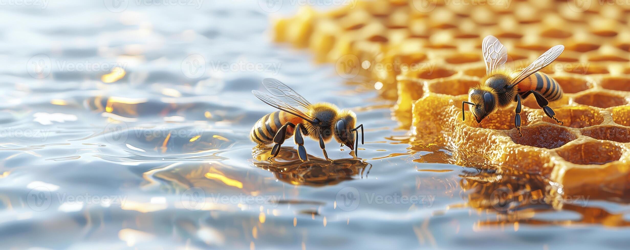 A captivating close-up showcases two bees gracefully interacting with a hexagonal honeycomb structure partly submerged in glistening water, reflecting the warm tones of the honey The scene evokes a photo