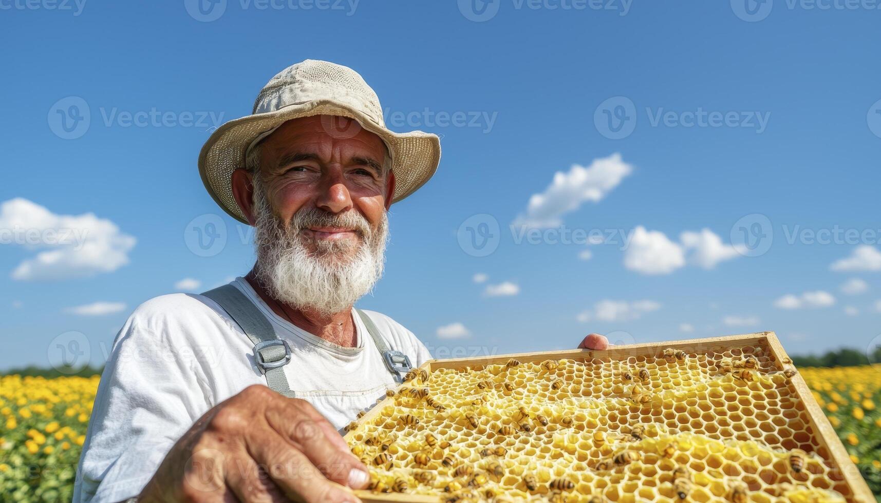 Beekeeper, a weathered man with a kind smile, stands amidst a vibrant sunflower field under a clear blue sky, holding a honeycomb frame brimming with golden honey a testament to the sweet rewards of photo