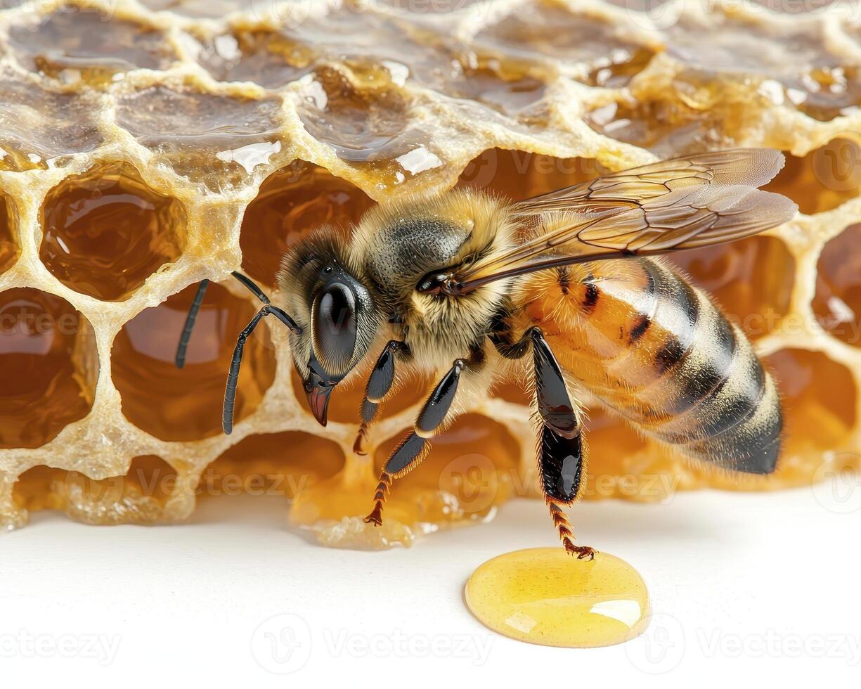 Captivating Close-Up of a Bee on Honeycomb A Detailed Macro Photograph Showcasing the Intricate Structure of the Honeycomb Cells and the Delicate Details of the Bee's Anatomy, Highlighting its Fuzzy photo